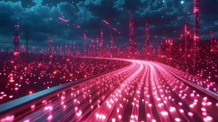 Poster - Vibrant neon light trails create a mesmerizing pathway through a futuristic cityscape at night