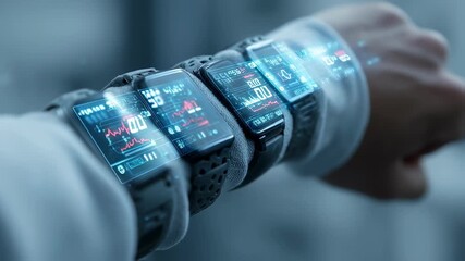 Poster - Businessman wearing multiple smartwatches, each displaying various data and futuristic holographic projections, highlights advancements in wearable technology and innovation