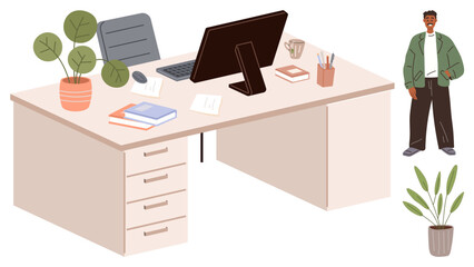 Poster - Organized office desk with computer, books, stationery, potted plants, coffee mug, and a professional person standing close. Ideal for productivity, workplace, organization teamwork office culture