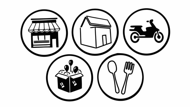 Restaurant Food Delivery Service Line Icons Set Black and White Simple Design vector