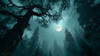 © Prasanth - Bloody moon above spooky trees in foggy forest at night, horror themed background
