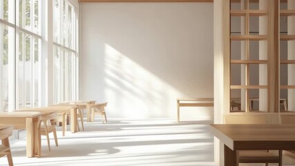Poster - A cozy room filled with numerous wooden tables and chairs, suitable for various purposes
