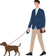 © PixelPaletteArt - Man walking brown dog on leash casual outfit vector illustration