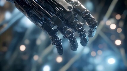 Poster - Complex metallic robotic hand extending forward against a backdrop of blurred lights, showcasing advanced technology and futuristic design in a visually striking composition