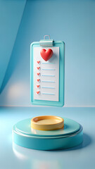 Fototapete - A 3d rendered clipboard with a red heart and a list of smaller hearts, symbolizing love and care, is presented on a teal podium against a soft blue background