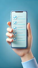 Fototapete - A hand holding a smartphone displays a checklist with multiple completed tasks, represented by blue checkmarks on a light blue screen