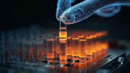 Poster - Futuristic polygonal hand interacting with glowing cylinders in a dark laboratory environment, suggesting advanced technological research and innovation