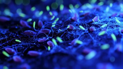 Poster - Microscopic organisms, including bacteria and viruses, interact within a network of biological structures, highlighting research in microbiology and innovative medical treatments