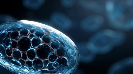 Poster - Microscopic view of a transparent cell with visible internal structures resembling bubbles, floating among other cells in dark fluid, illustrating concepts in cell biology and microbiology