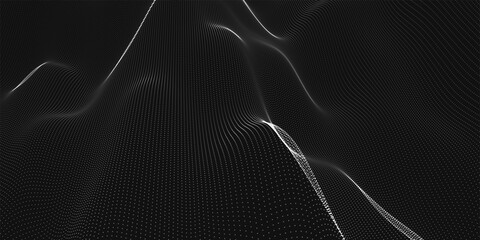 Fototapete - Futuristic dot wave. Abstract digital particle wave. Black and white music wave. Dark background. Digital background with smooth wavy curves. 3D rendering
