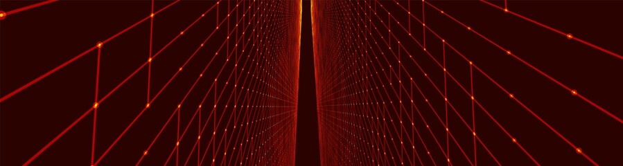 Poster - Futuristic colorful perspective grid. Abstract wireframe with blue grid on black background. Virtual landscape in digital style of 80s 90s. Simple perspective grid for design. 3D rendering