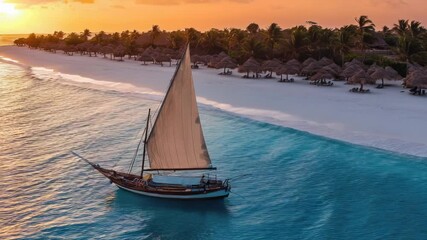 Wall Mural - a sailboat gliding on the ocean as the sun sets, creating a beautiful scene