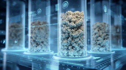 Poster - Futuristic laboratory equipment analyzing soil samples in transparent cylindrical containers, featuring a holographic display for data analysis, symbolizes advancements in soil science