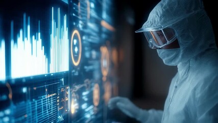 Poster - Scientist in protective gear interacts with a futuristic touchscreen displaying complex data visualizations, symbolizing cutting edge research and innovation in a high tech laboratory environment