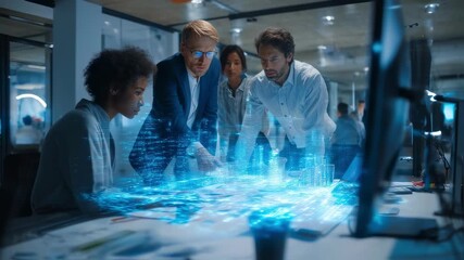 Poster - In a modern office, a diverse team of developers collaborates on an innovative project, creating a digital city with futuristic technology projected onto a table