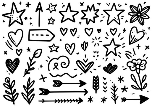 Sketch doodle cute star, emphasis, flower element. Cute line sketch star, arrow, heart decoration element icon set. Pen line text decoration shape icon. Vector illustration. JPEG version.