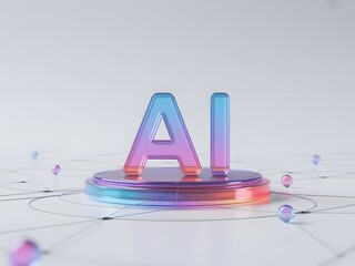 Aufkleber - Futuristic AI Concept with Glass Letters on a Platform Surrounded by Connected Spheres Representing Artificial Intelligence Machine Learning and Technological Advancement in a Modern