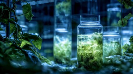 Poster - Green algae growing in jars in a laboratory setting, illuminated by artificial light, potentially for biofuel research and development, representing innovation in renewable energy