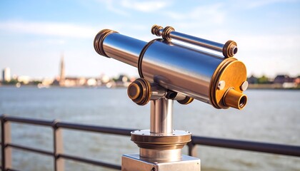 telescope on the riverbank offering panoramic city views in the distance