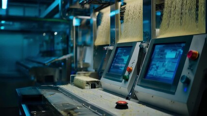 Poster - Food production engineer controlling the manufacturing process of instant noodles, monitoring the computer interface and supervising the production line in a modern factory