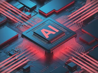 Aufkleber - Futuristic Artificial Intelligence Processor with Glowing Red AI Text on a Circuit Board with Interconnected Lines and Components for Advanced Computing