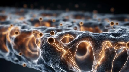 Poster - Microscopic view of innovative nanomaterial glowing with energy, showing complex structure and connections, suggesting potential for technological and scientific advancements