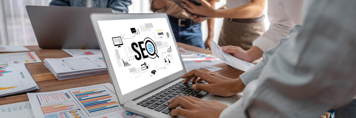 Fototapete - SEO search engine optimization for brisk e-commerce and online retail business showing on computer screen