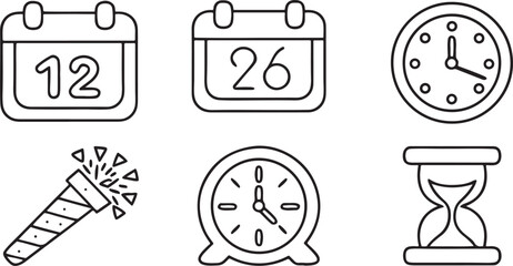Fototapete - Isolated New Year countdown icons, calendar with date, clock striking midnight, digital countdown timer, party popper, glow sticks, celebration moment symbols