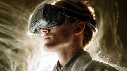 Poster - Scientist wearing a vr headset explores a network of light, representing innovative technology and the immersive world of virtual reality