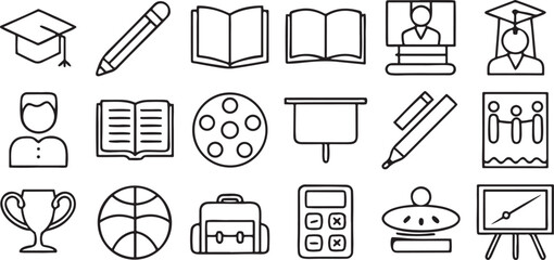 Fototapete - Isolated black academic icons, blackboard with notes, school supplies, student cap, education diploma, classroom study tools, minimal vector illustration