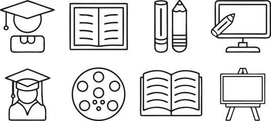 Fototapete - Isolated black education and school icons, graduation cap, classroom blackboard, student with diploma, teacher with book, pencil case, editable symbols