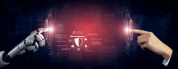 Poster - AI artificial intelligence strengthens cybersecurity with intelligent threat detection, virtual assistant alerts, and proactive protection agAI artificial intelligencenst digital breaches. Vouch