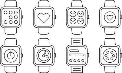 Fototapete - Isolated fitness tracker and wearable device icons, heart rate monitor, step counter, smartwatch, sleep tracker, calorie burned tracker, clean UI design