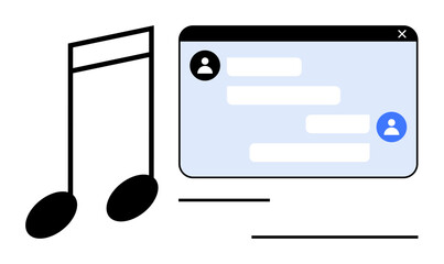 Poster - Chat window with user icons next to large musical notes. Ideal for messaging, collaboration, music platform, creativity, remote work, entertainment, simple landing page