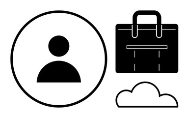 Poster - Person profile inside a circle, business bag, and cloud icon. Ideal for identity, access, storage, organization, professionalism networking digital platforms. Simple flat metaphor