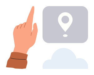 Poster - Hand reaching up towards location pin marker inside a digital interface. Ideal for navigation, direction, technology, communication, cloud computing, maps, and user interaction concepts. Simple flat