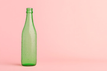 Aufkleber - Green glass bottle against a pink background. Minimalist composition with water droplets on the bottle's surface. Studio shot, neutral background.