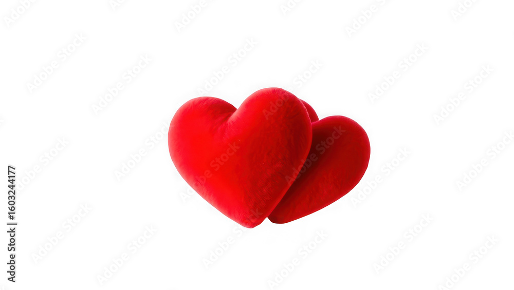 Two plush red hearts nestled together symbolizing love and romance ...