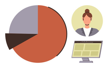 Poster - Large pie chart, businesswoman profile, and computer screen. Ideal for data visualization, analytics, teamwork, strategy, business presentation decision-making education. Simple flat metaphor