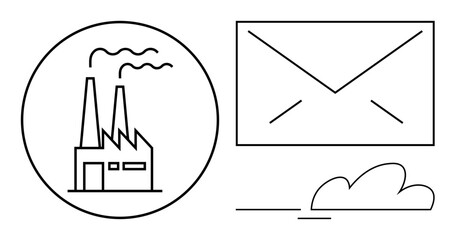 Poster - Factory emitting smoke within a circle, envelope representing communication, and flowing lines with a cloud. Ideal for industry, communication, postal service, technology, climate, sustainability