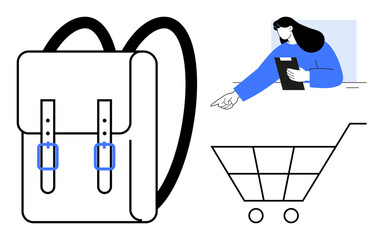 Poster - Backpack with buckle straps, shopping cart, and woman holding tablet, pointing. Ideal for online shopping, product management, retail, inventory, shipping education simple landing page