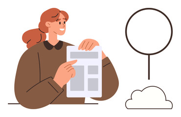 Poster - Smiling woman holding and pointing at a document. Blank circle and cloud for customizable content. Ideal for communication, education, creativity, presentation, ideas, teamwork, simple flat metaphor