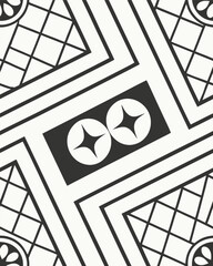 Poster - Abstract geometric pattern featuring starbursts and symmetrical lines in black and white suitable for wallpaper or background design.