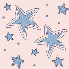 Poster - Artistic vector illustration of blue stars and circles with outlines on a pinkish background perfect for wallpaper and designs