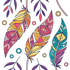 Poster - Colorful bohemian feathers with floral elements on white background a decorative design featuring hand drawn feathered vector illustration