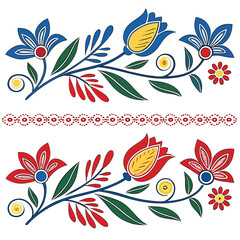 Poster - Decorative floral composition with red blue and yellow flowers leaves branches and swirls isolated on white background