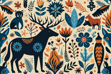 Poster - Decorative folk art seamless pattern featuring stylized animals and floral elements in earthy tones suitable for various design applications