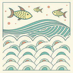 Poster - Decorative illustration featuring three stylized fish swimming above ocean waves and a stylized water pattern with abstract shapes.