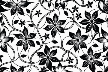 Poster - Elegant black and white floral pattern design featuring detailed blooms and organic vine tendrils seamlessly repeating across a white background