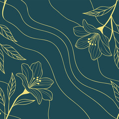 Poster - Elegant floral pattern design with detailed yellow outlines on a deep teal background for seamless repeating applications.